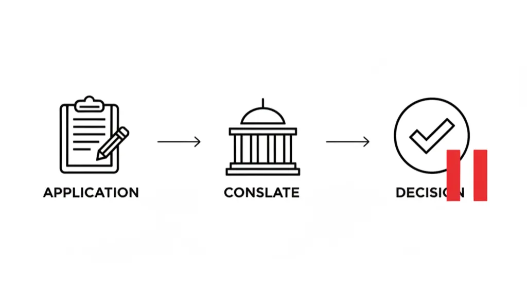 Flowchart showing the immigrant visa process from application to consulate to decision, with a pause symbol at the decision stage.