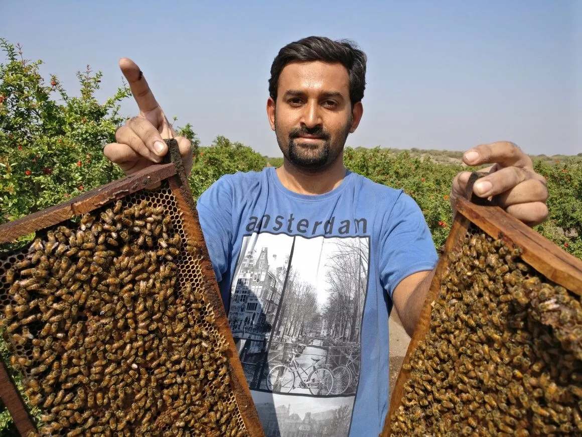 Amar Honey founder Brijesh Kalariya showcasing his beehives