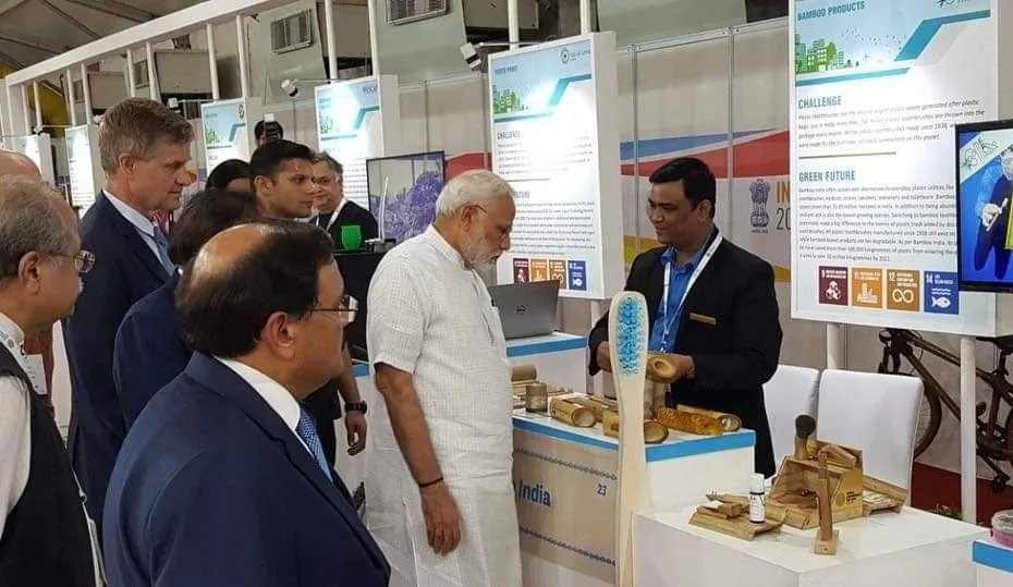 Prime Minister Narendra Modi visited the Bamboo India stall at an exhibition in 2016