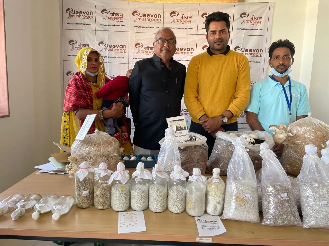 Shanker Meena shoQwcases the diverse range of mushroom spawn and fresh produce offered by his company