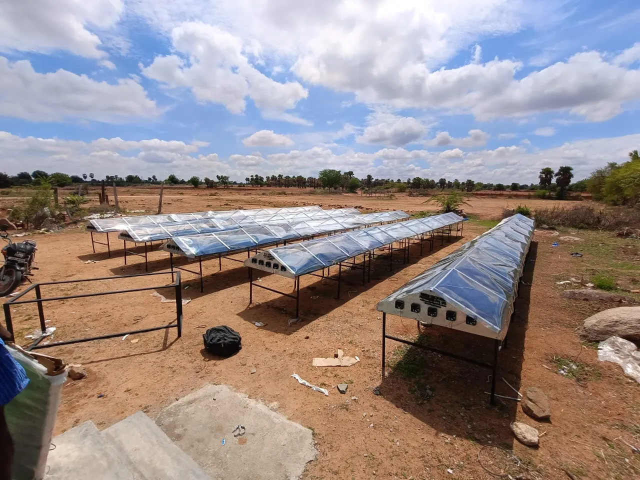 A row of Raheja Samagra solar dryers installed in a field