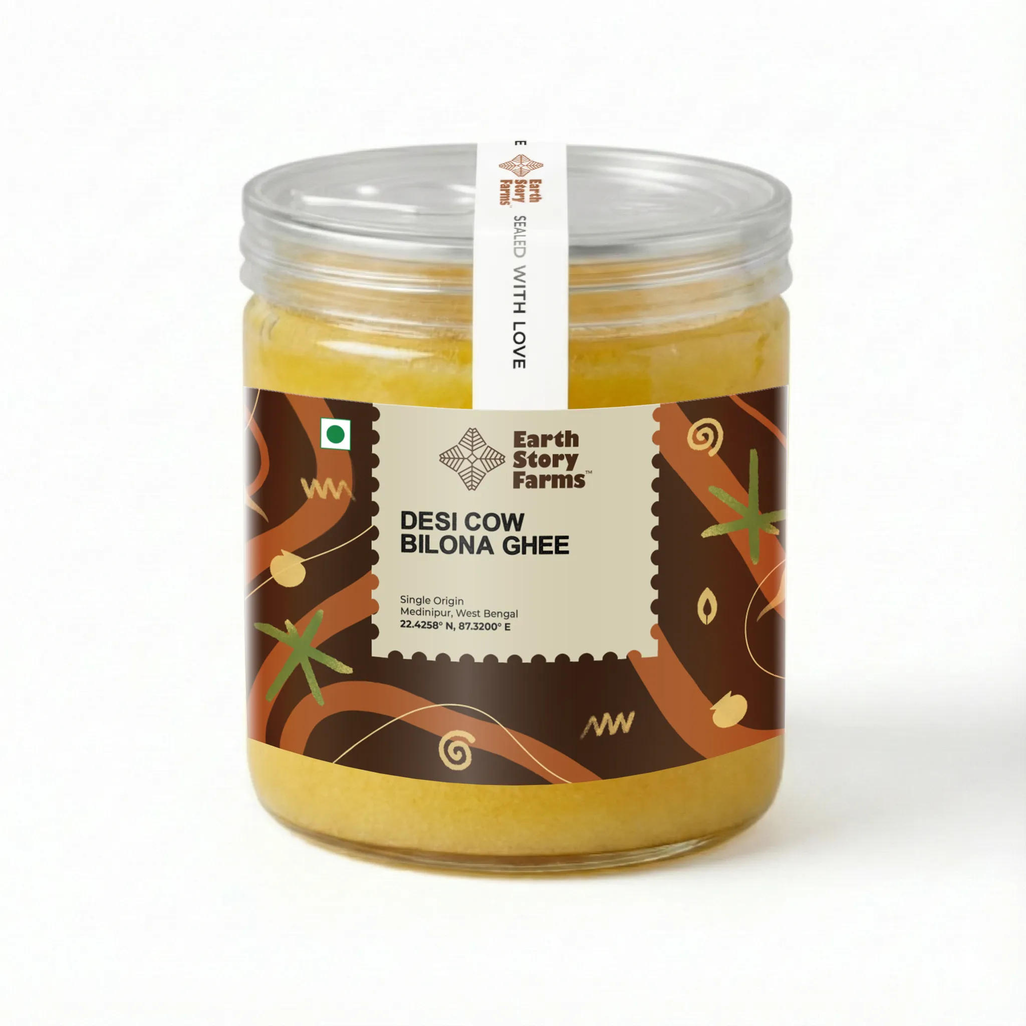 A premium jar of Desi Cow Bilona Ghee by Earth Story Farms