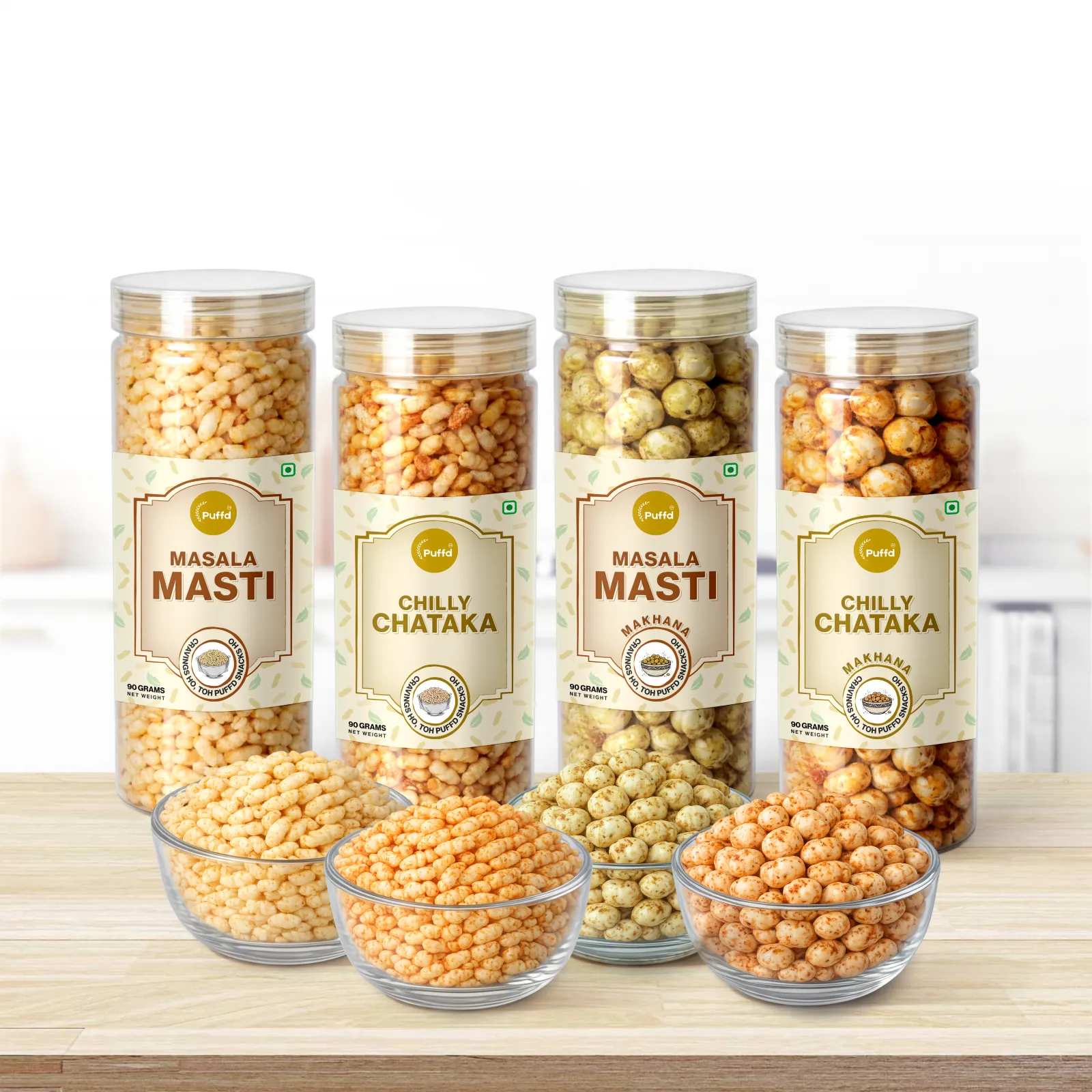 1. A combo of makhana and moori (puffed rice) snacks by Puffd