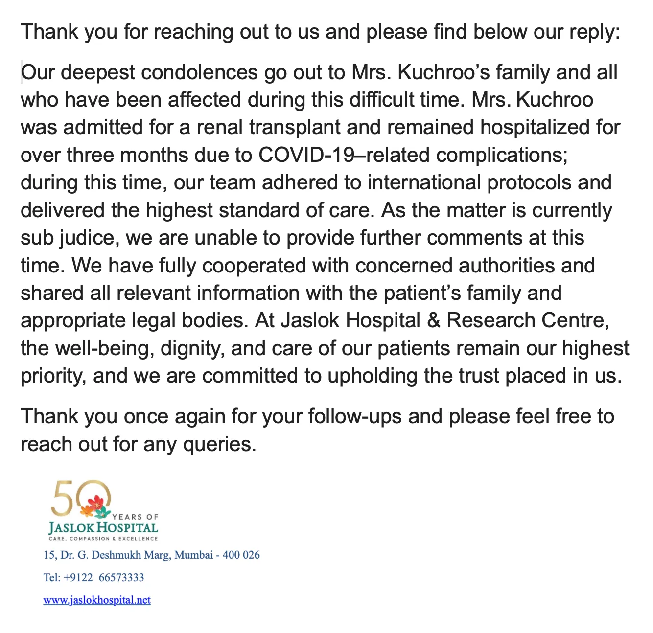 Jaslok Hospital's response to The Probe's queries