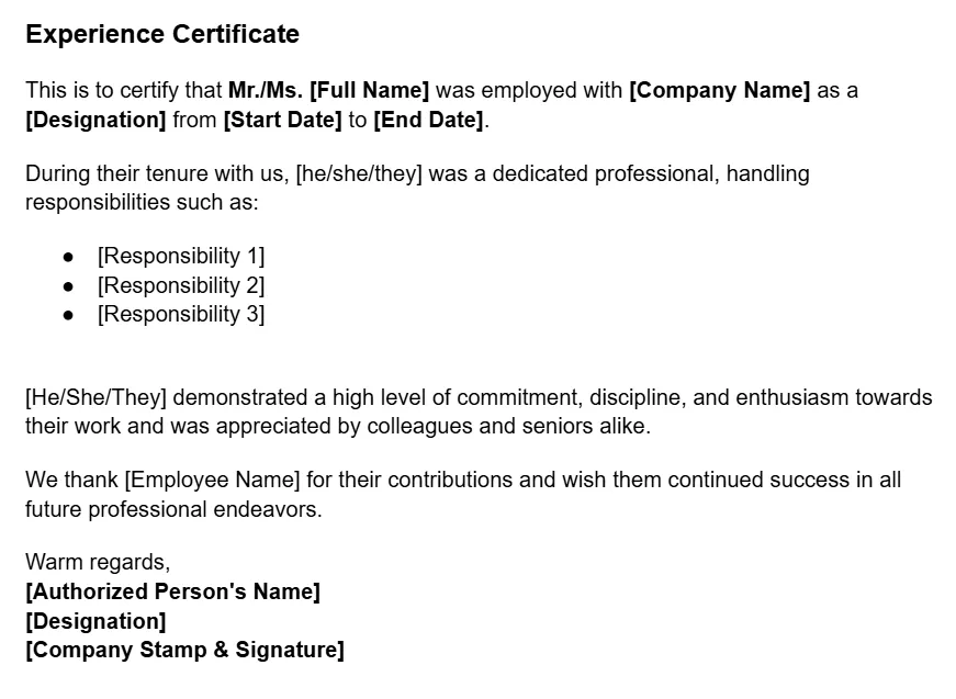 work experience certificate template