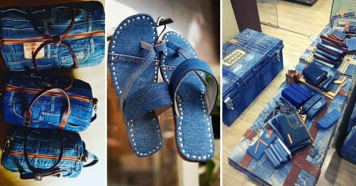 Delhi Designer Reusing Jeans to make chappals, bags, trunk