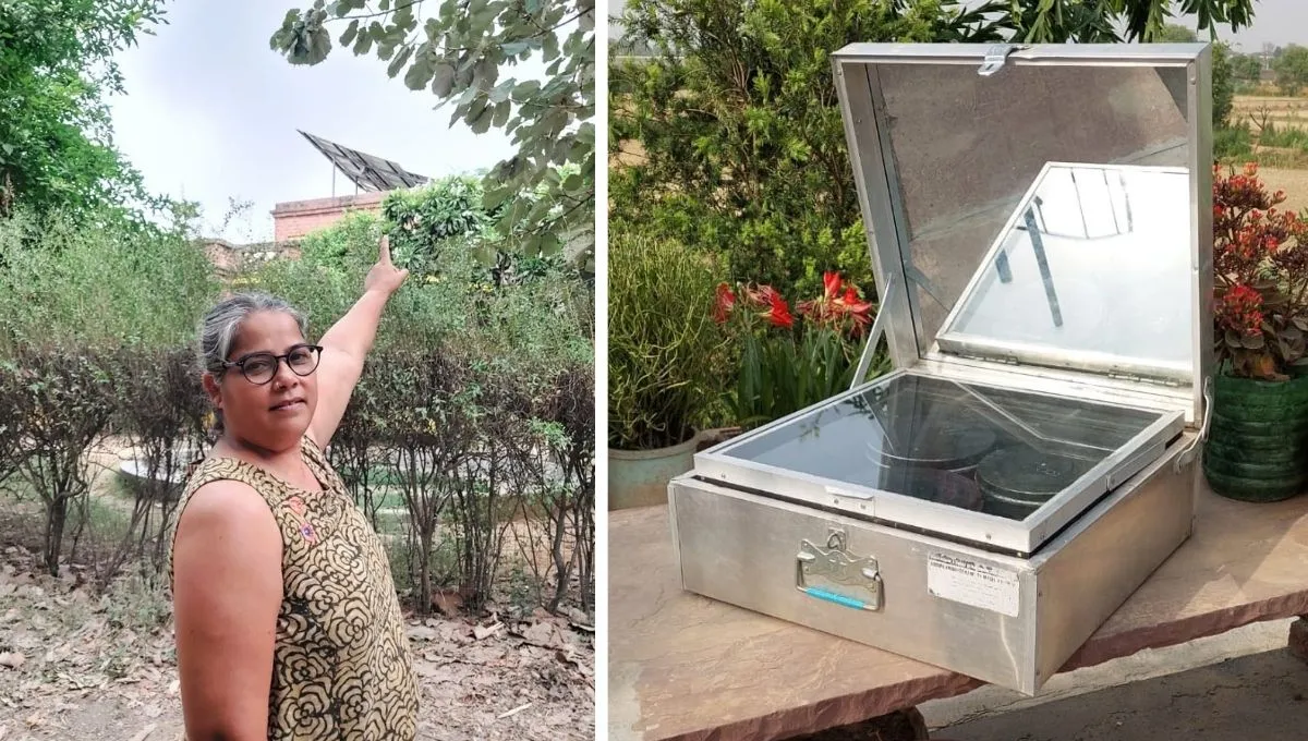 Veena Lal using solar cooker