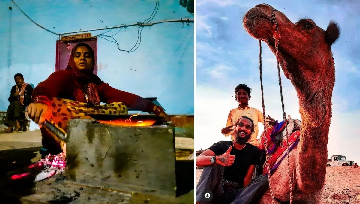 Indian Woman Cooking food on chulha and boy with camel 