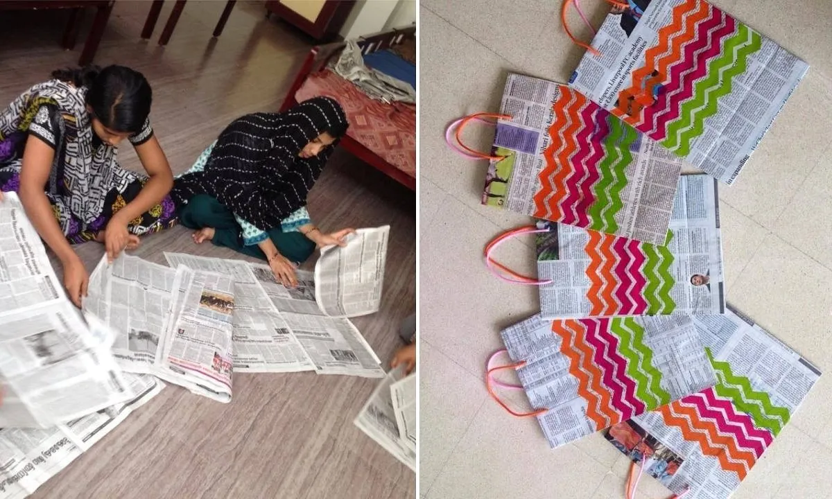 Girls making Newspaper bags 