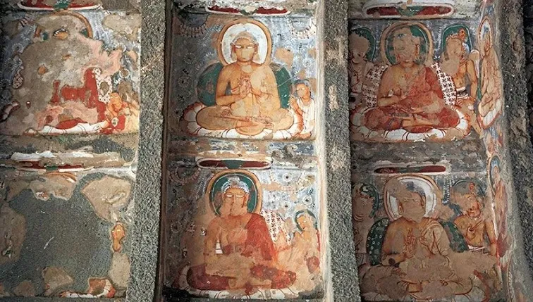 Ajanta caves include paintings and rock-cut sculptures described as among the finest surviving examples of ancient Indian art