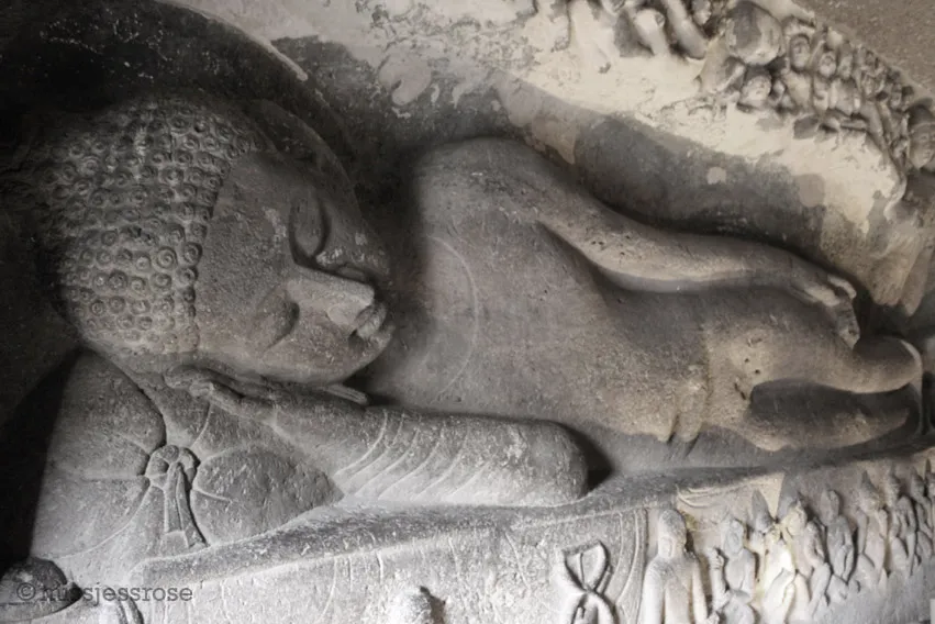An ancient 24-foot reclining Buddha inside the Ajanta caves