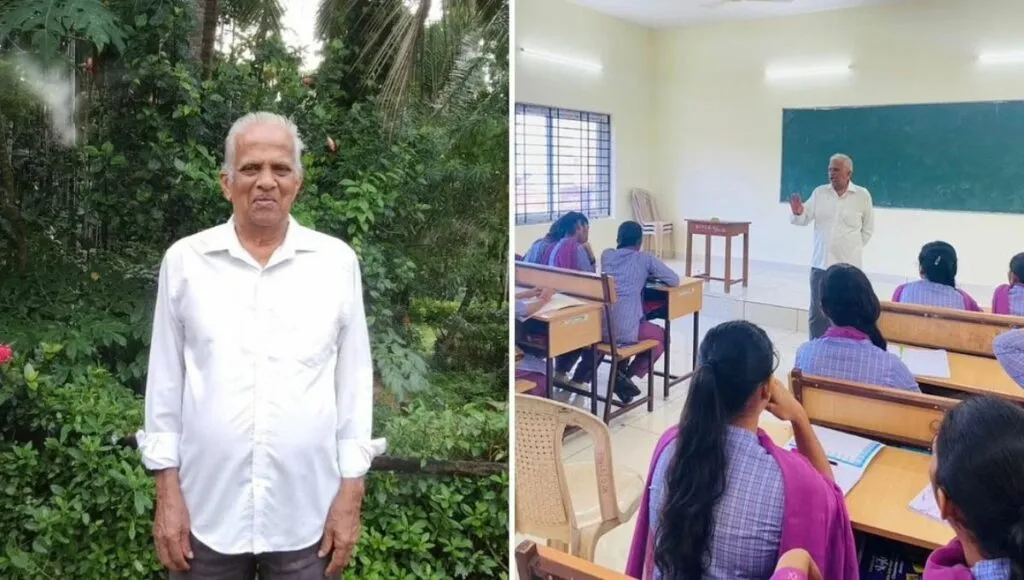 K Narayana Naik (left) interacting with college students.