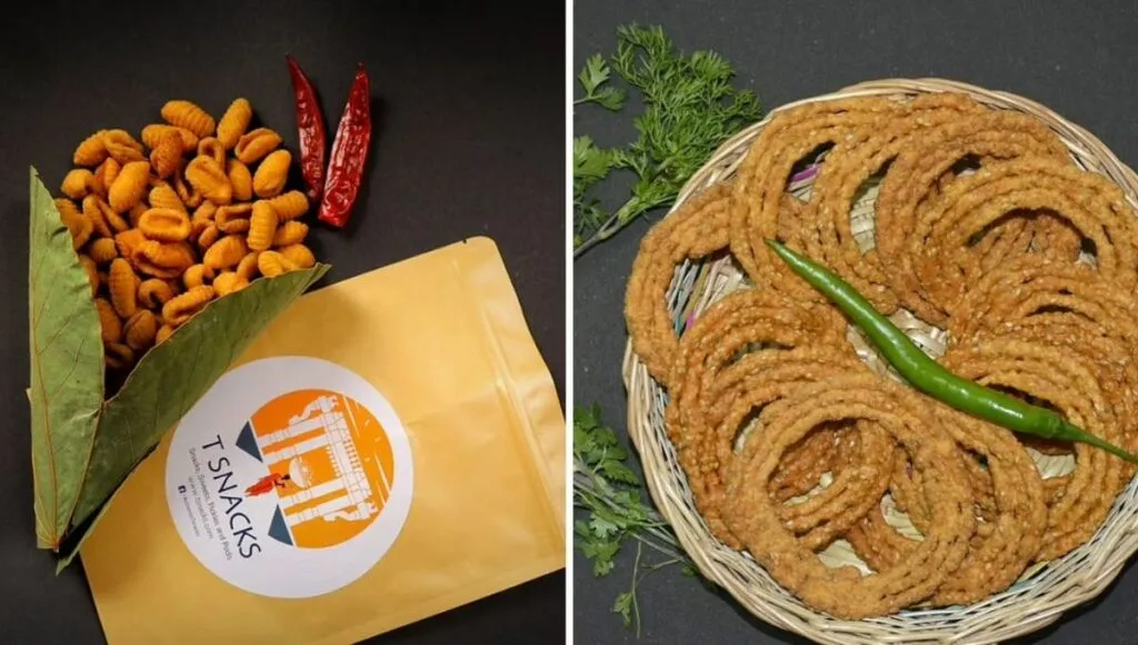 Kaaram gavvalu (left) and kaaram sakkinaalu (right) by T Snacks