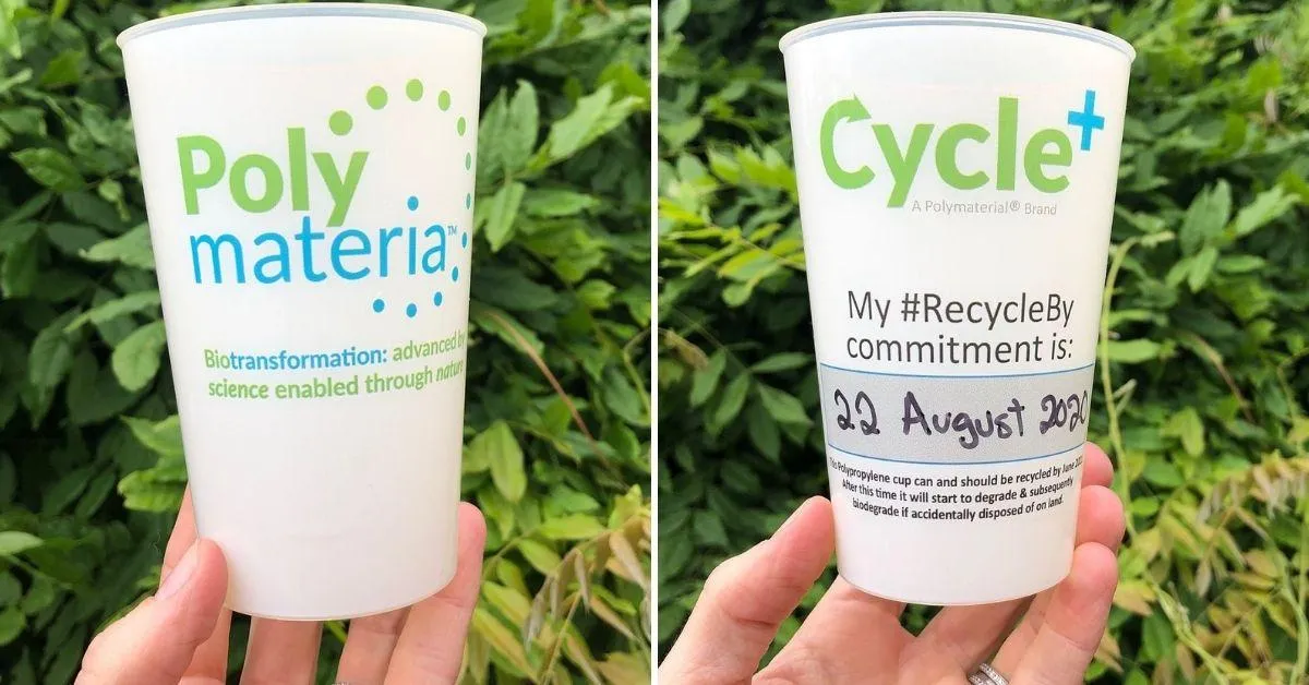 Ecofriendly self destructing plastic cup by Polymateria.