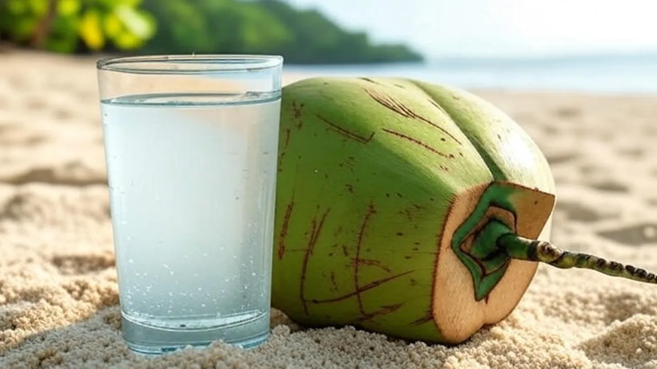 Fresh coconut water in a green coconut with a straw, tropical beach background: গরমে সতেজ থাকুন ডাবের জলে! 
