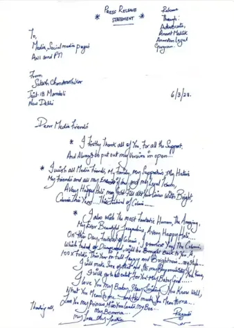 Sukesh Chandrasekhar letter to Jacqueline Fernandez