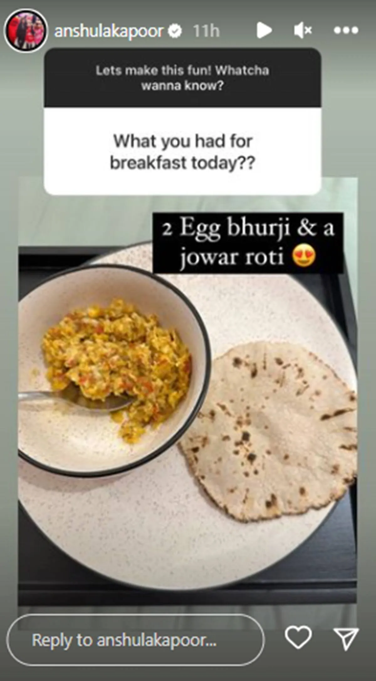 Anshula also shared a glimpse of her breakfast. (Source: Anshula Kapoor/Instagram Stories)
