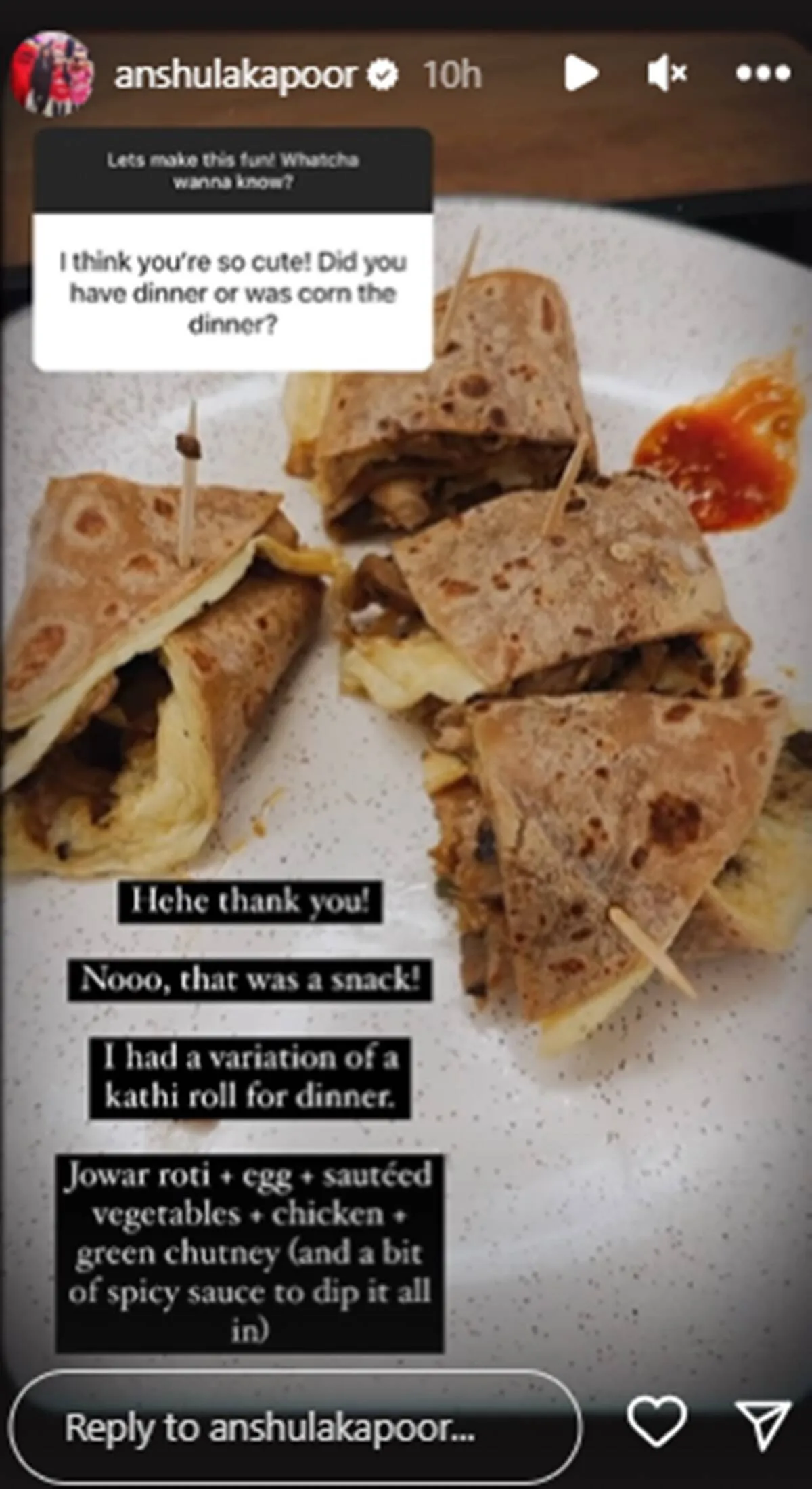 Anshula’s lip-smacking dinner spread. (Source: Anshula Kapoor/Instagram Stories)