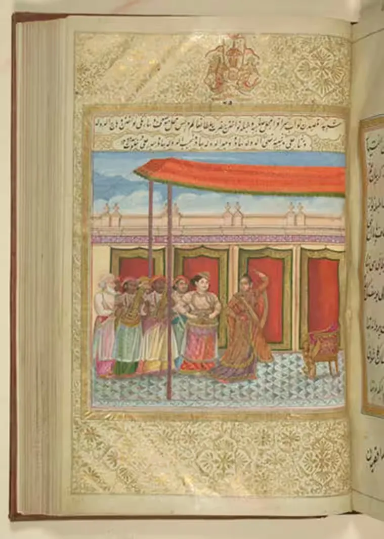 રોયલ કલેક્શન ટ્રસ્ટ તરફથી ફોટો અને કૅપ્શન: 'આ પેઇન્ટિંગમાં, નવાબ તેમના સંગીતકારો સાથે જોડાયા અને સૌથી નિમ્ન કક્ષાના સંગીત વાદ્ય તબલા વગાડવા માટે સિંહાસન પરથી ઉભા થઇ ગયા.<br />
