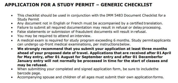 Generic checklist for a Canadian study permit. 