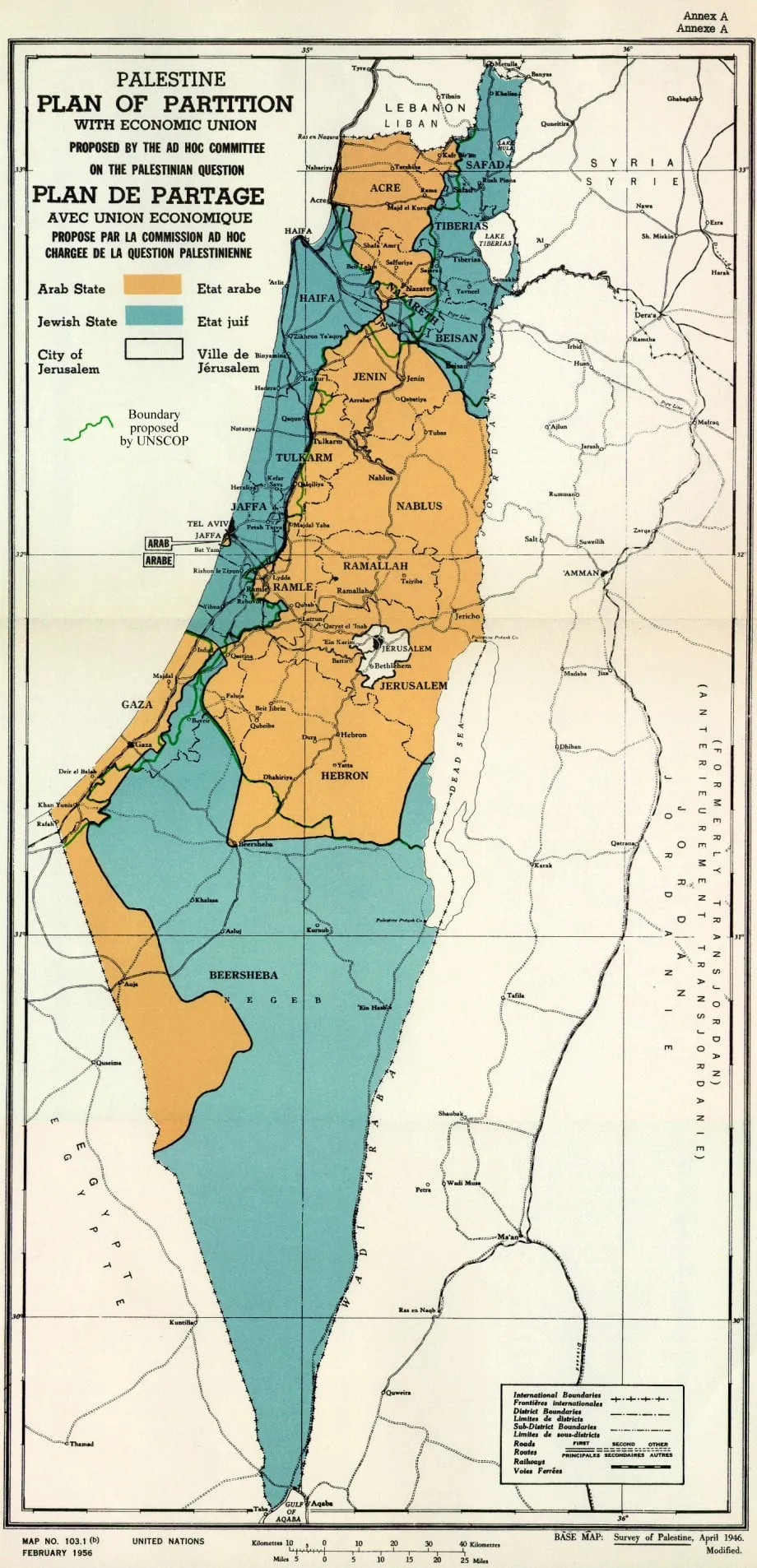 A February 1956 map of the UN Partition Plan for Palestine. 