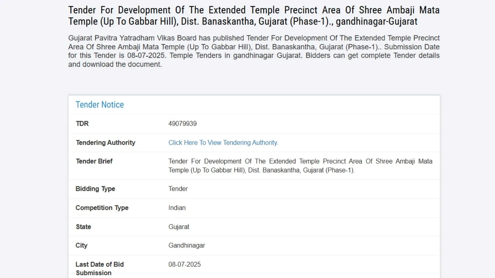 Shri Ambaji Mata Temple Project, Ambaji Temple Redevelopment Work