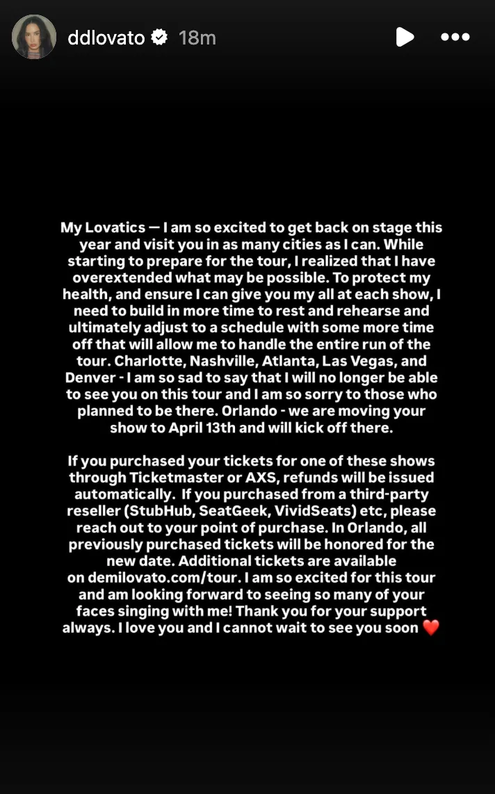 Demi Lovato cancels five shows on her tour to 'protect my health' | The  Independent