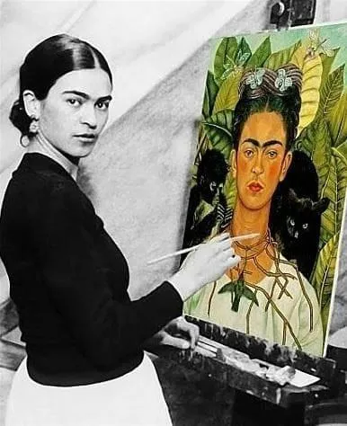 Unknown - Frida Kahlo painting a self portrait