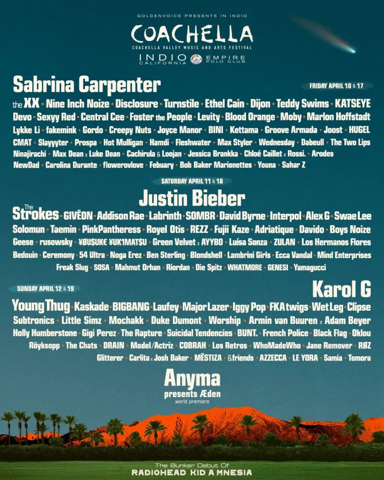 Coachella 2026 lineup: Justin Bieber, Sabrina Carpenter, Karol G, and more  | The FADER