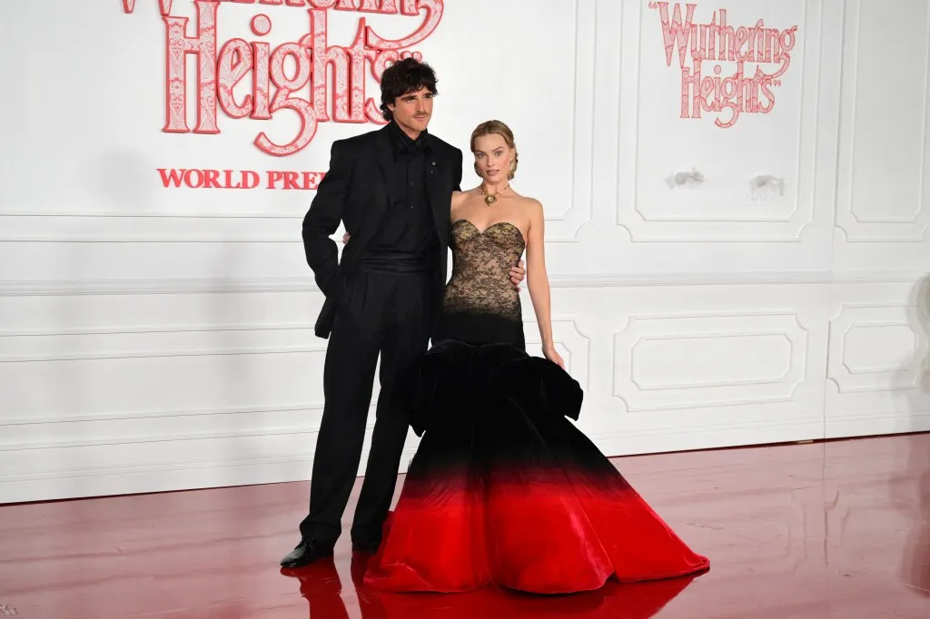 Margot Robbie rocks striking crimson and black gown alongside Jacob Elordi  at 'Wuthering Heights' premiere