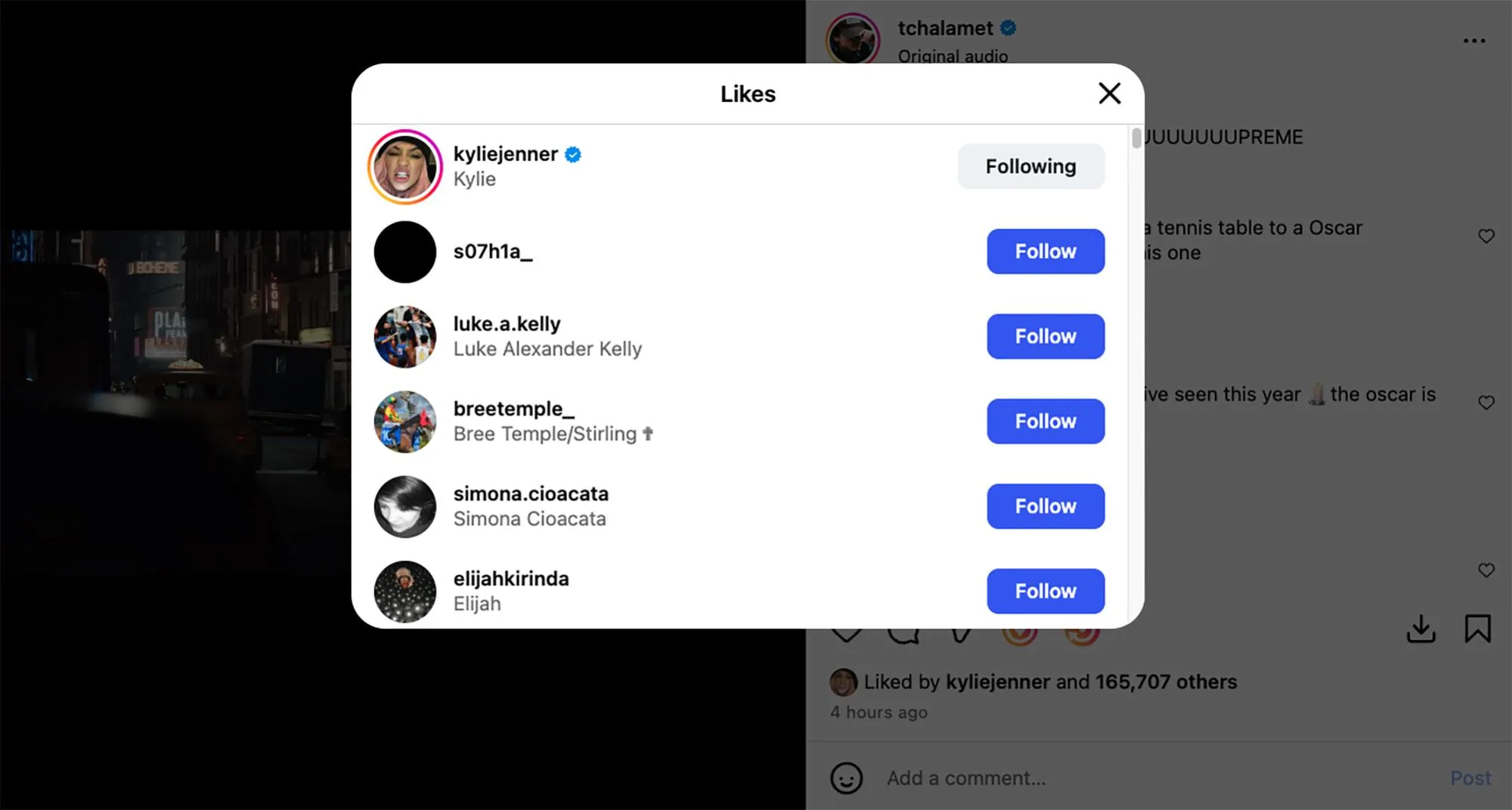 Kylie Jenner's Instagram account is shown as following Timothée Chalamet's account.