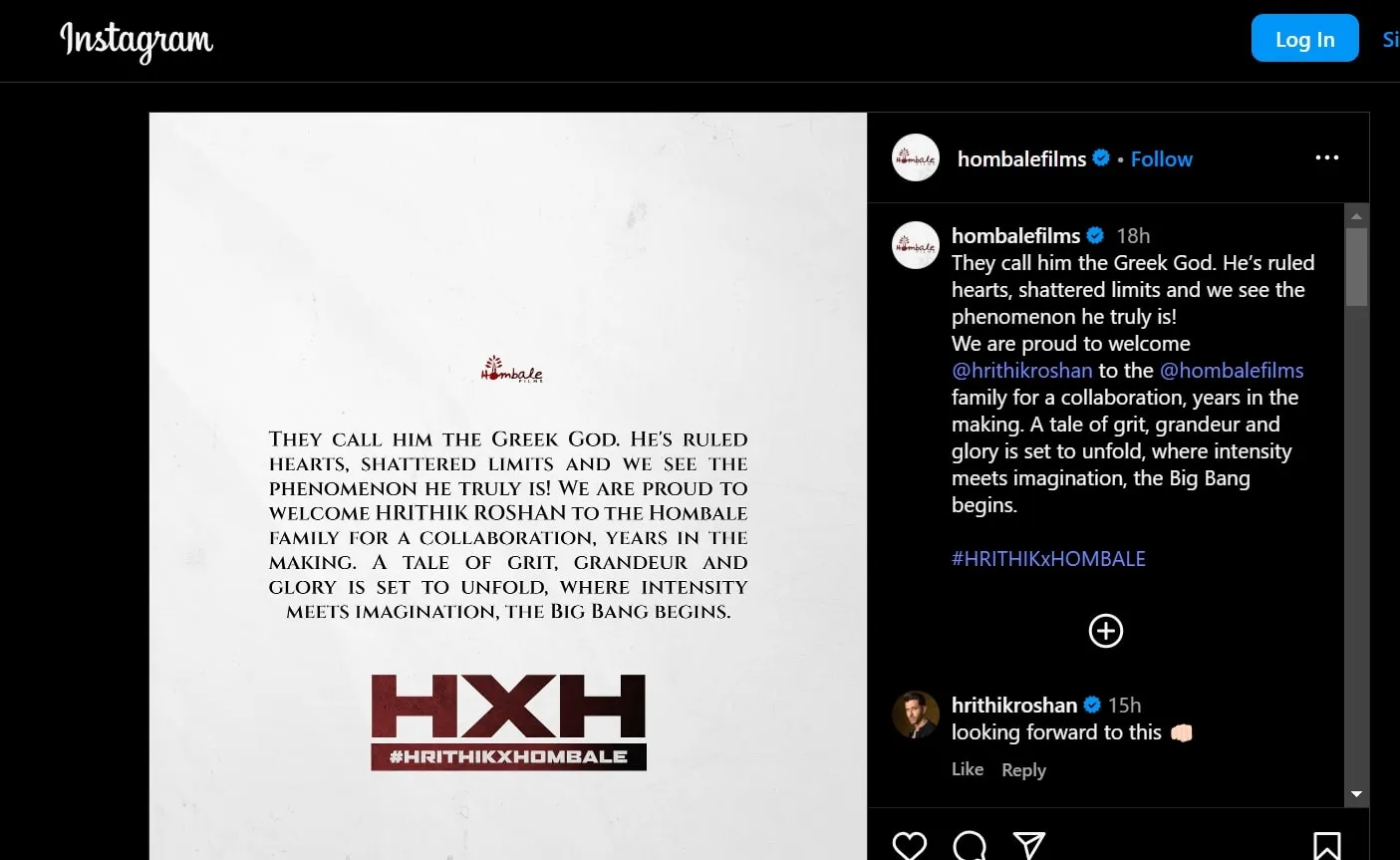 Hrithik Roshan Hombale Films Instagram Post