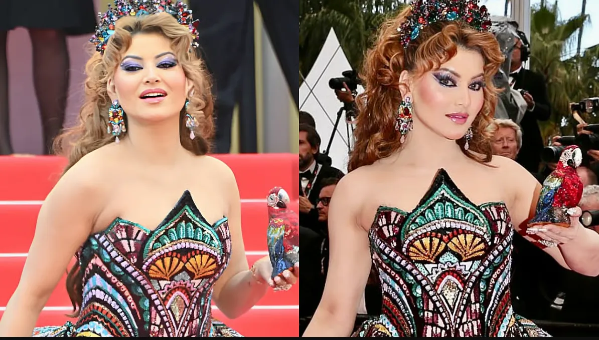 Urvashi Rautela royal charm at Cannes 2025 Parrot Clutch became the center of attraction