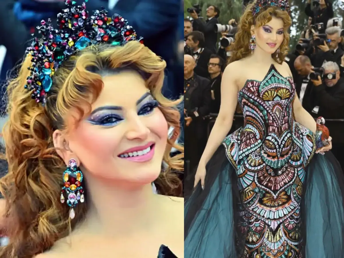 Urvashi Rautela royal charm at Cannes 2025 Parrot Clutch became the center of attraction