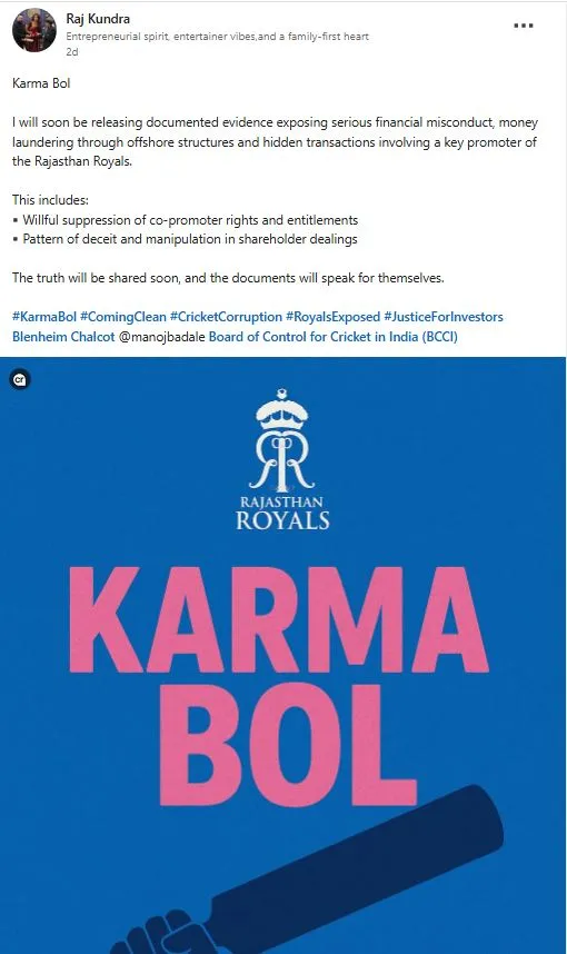 Raj Kundra linkdin post