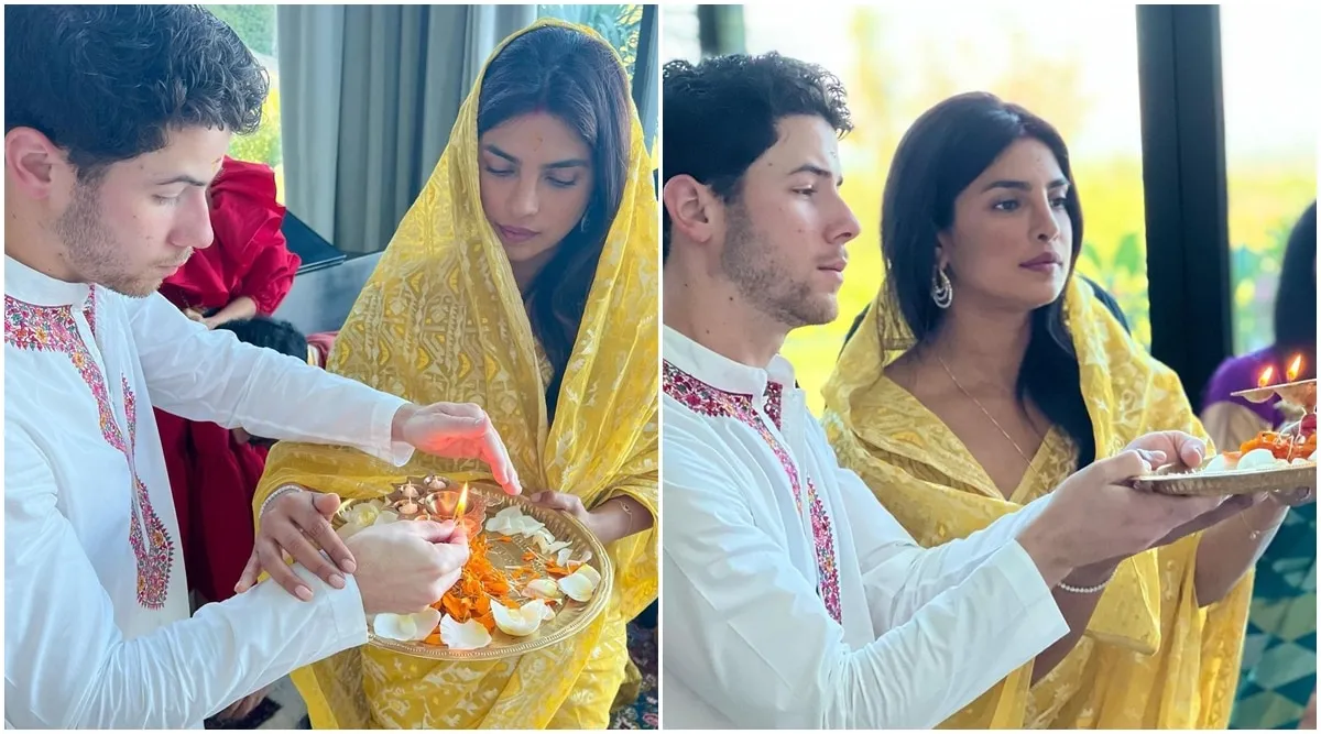 Priyanka Chopra-Nick Jonas perform Diwali puja at their Los Angeles home.  See photos | Bollywood News - The Indian Express