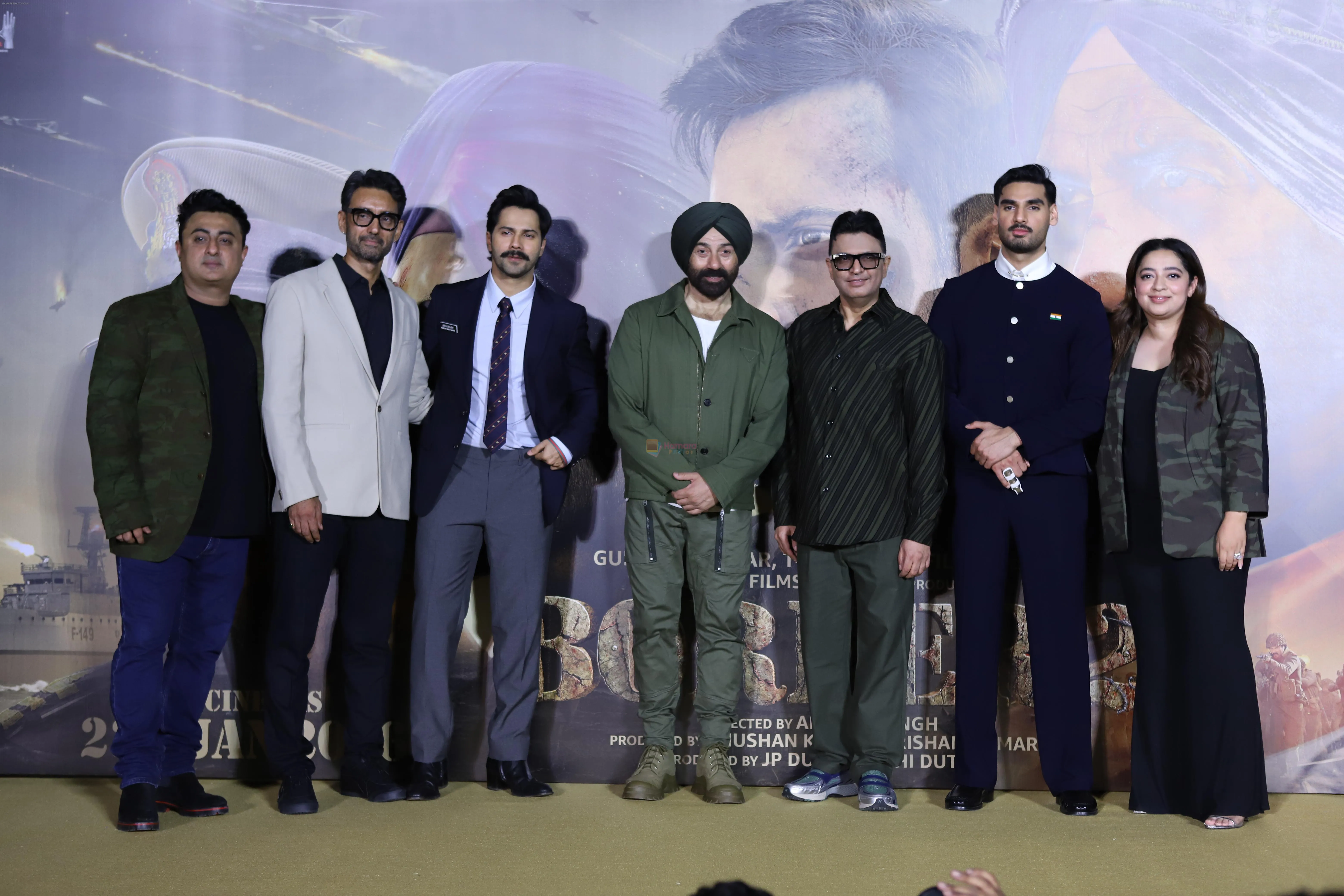 Binoy Gandhi, Anurag Singh, Varun Dhawan, Sunny Deol, Bhushan Kumar, Ahan  Shetty, Nidhi Dutta at Border 2 Movie Teaser Launch on 16-Dec-2025 / Border  2 Movie Teaser Launch - Bollywood Photos