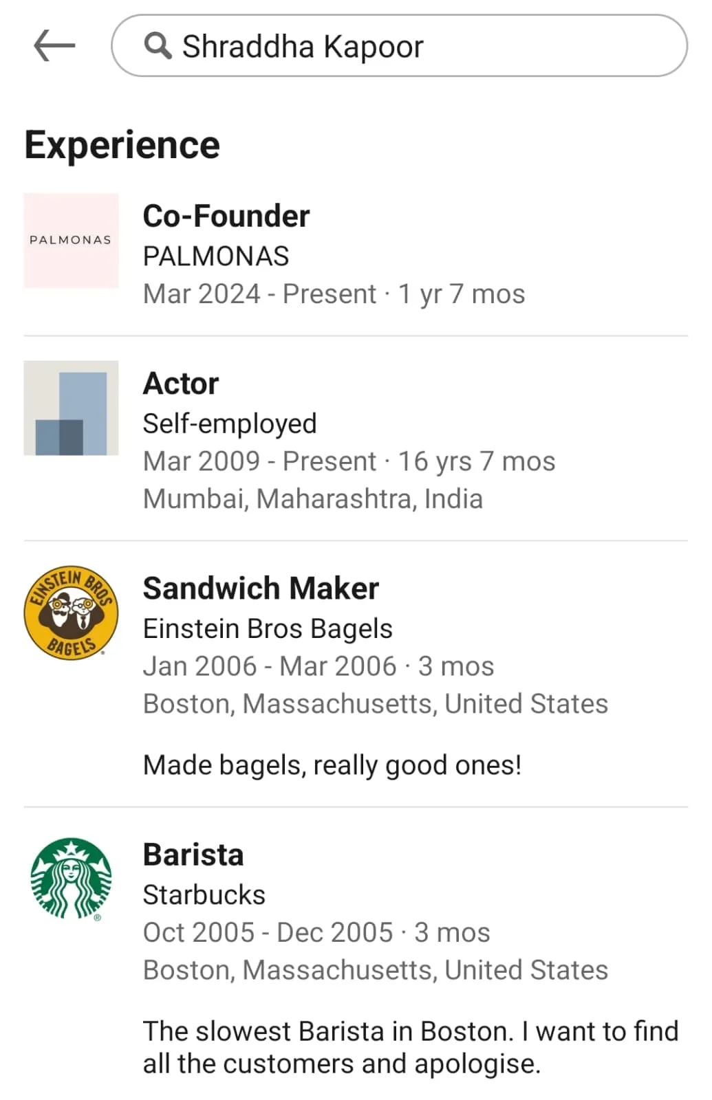 Shraddha Kapoor's LinkedIn account 