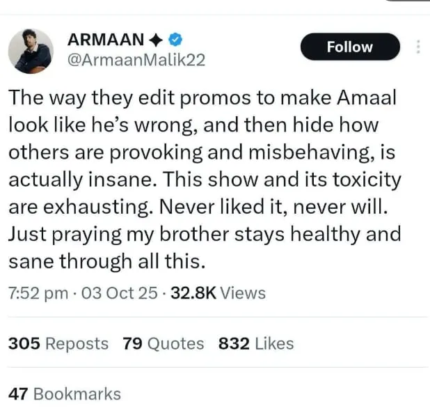 Amaal Mallik's brother, Armaan Mallik, lashes out at Bigg Boss 19 makers.