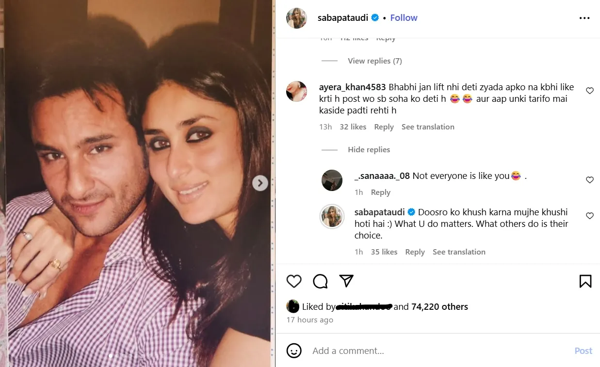 Saba responded to a person on Instagram.