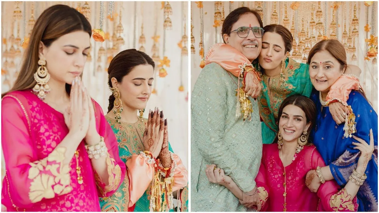 नूपुर ने इंस्टाग्राम पर अपनी शादी की कई तस्वीरें शेयर की हैं, जिसमें वो शादी से पहले की रस्मों को निभाती हुई नजर आ रही हैं. एक तस्वीर में कृति और नूपुर दोनों हाथ जोड़कर पूजा करते हुए दिखाई दे रहे हैं. वहीं दूसरी फोटो अपने पेरेंट्स के साथ शेयर की है. ( Credit : nupursanon )