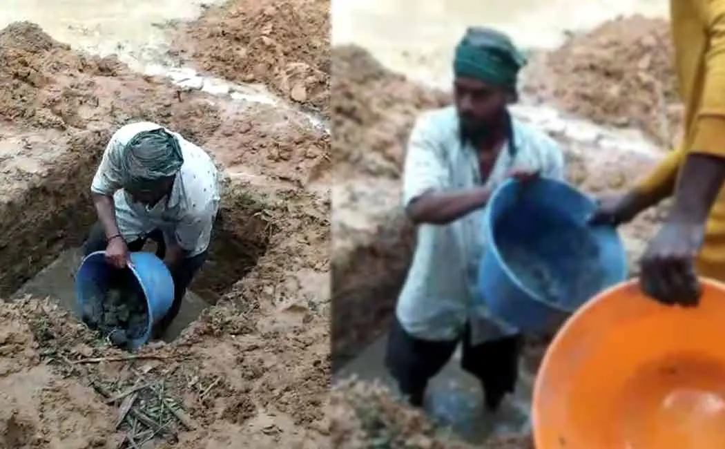 Concrete inside a water filled pit to build a government school perimeter wall