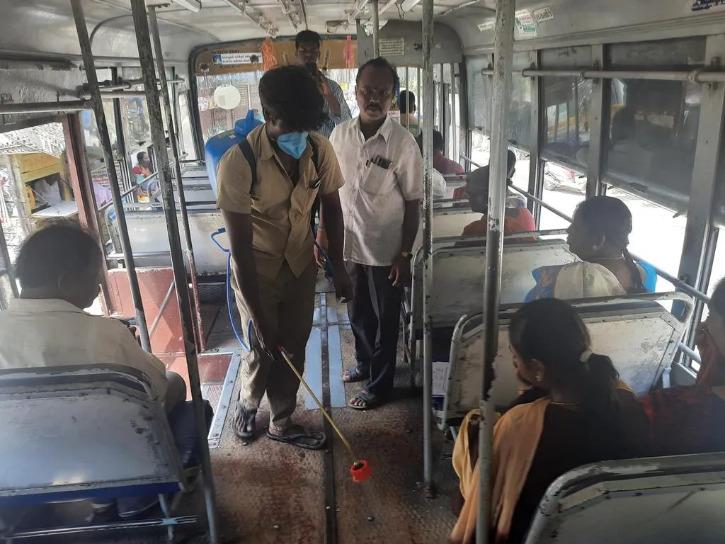  corona blocking ... Grimi nasini spray on buses at parangipettai