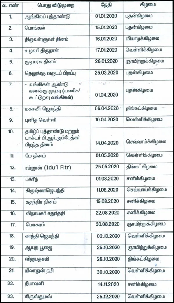 2020 government holidays in tamilnadu