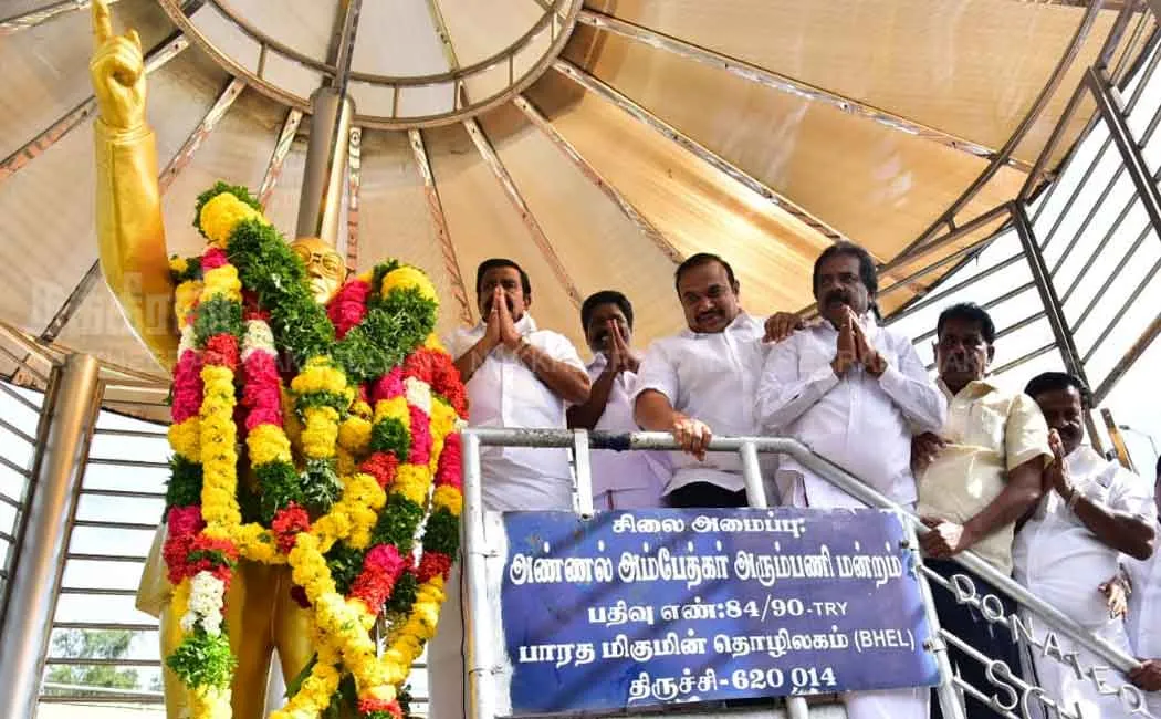 dmk minister KN Nehru paid homage to the ambedkar statue