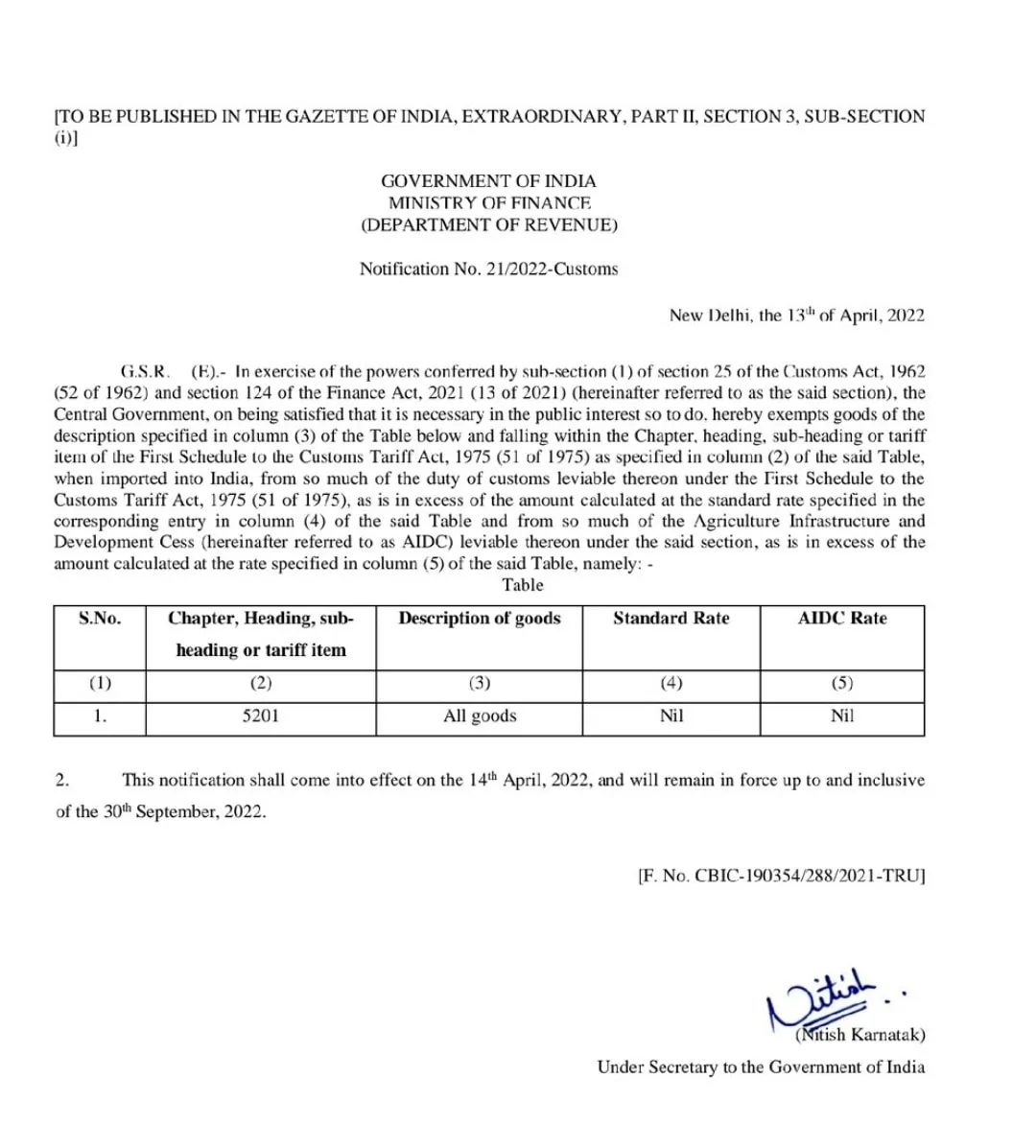Complete abolition of customs duty on cotton imports!