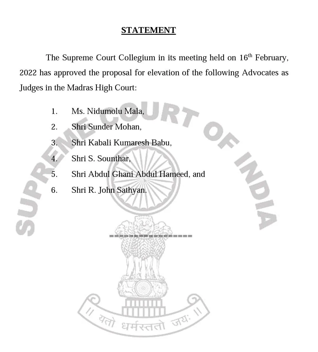 Recommendation to appoint six persons as High Court Judges!