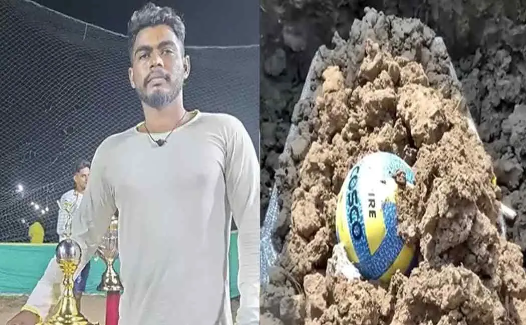 A funeral procession on the shoulders of friends; Akash's body buried with volleyball