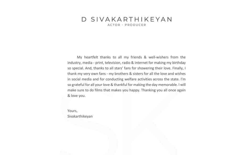 sivakarthikeyan thanks his fans and well wishers