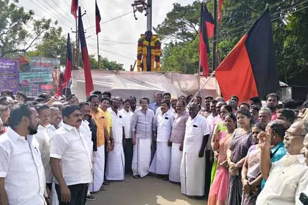 politicians  pay homage to statue of language martyr Rajendran 